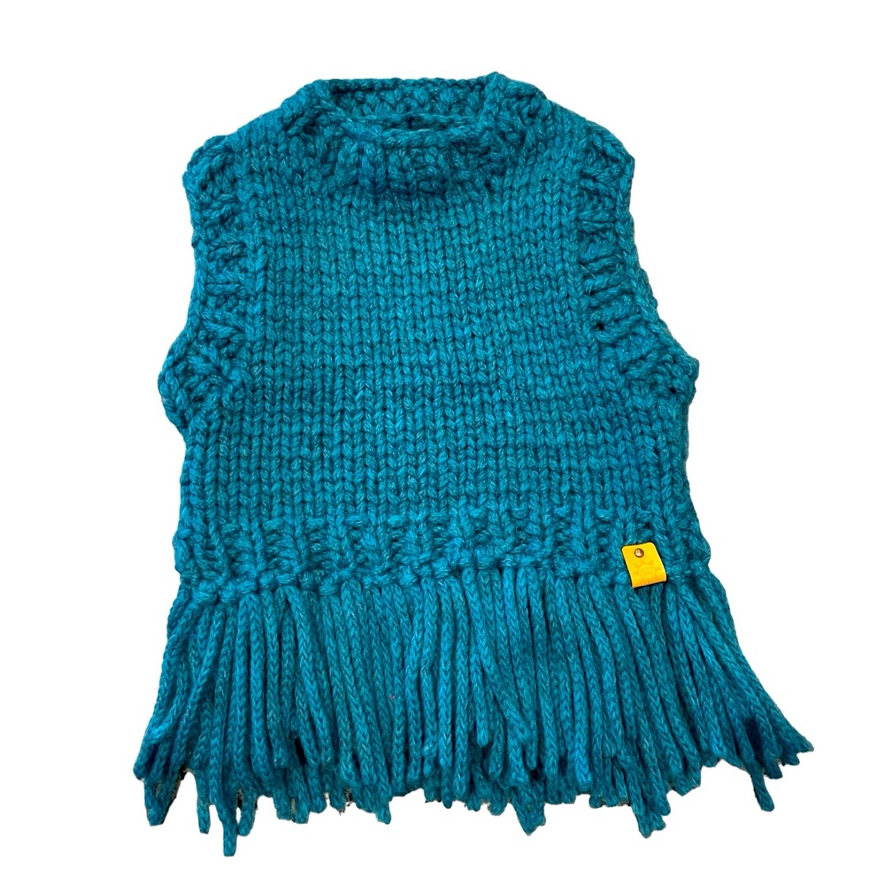 Crochet High Neck Cropped Sleeveless Women’s Top Teal Blue Boho Fringe Size S